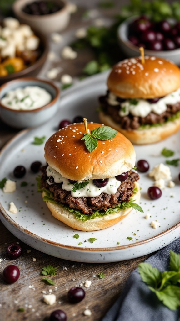 Greek lamb sliders with tzatziki sauce on a plate, garnished with fresh herbs and served with sides.