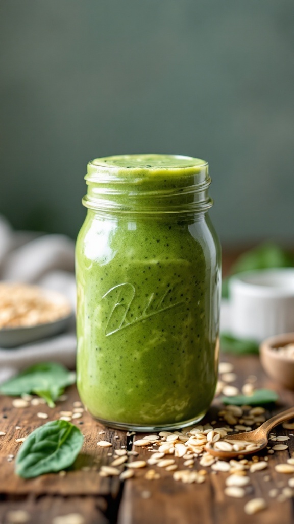 A green smoothie in a mason jar with oats and spinach around it.