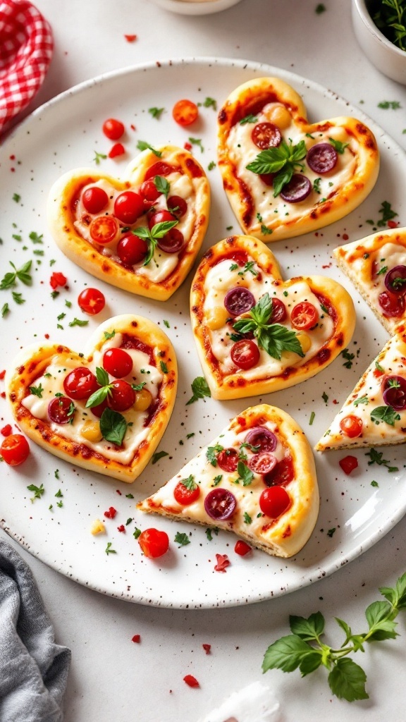 Plate of heart-shaped mini pizzas topped with tomatoes and basil