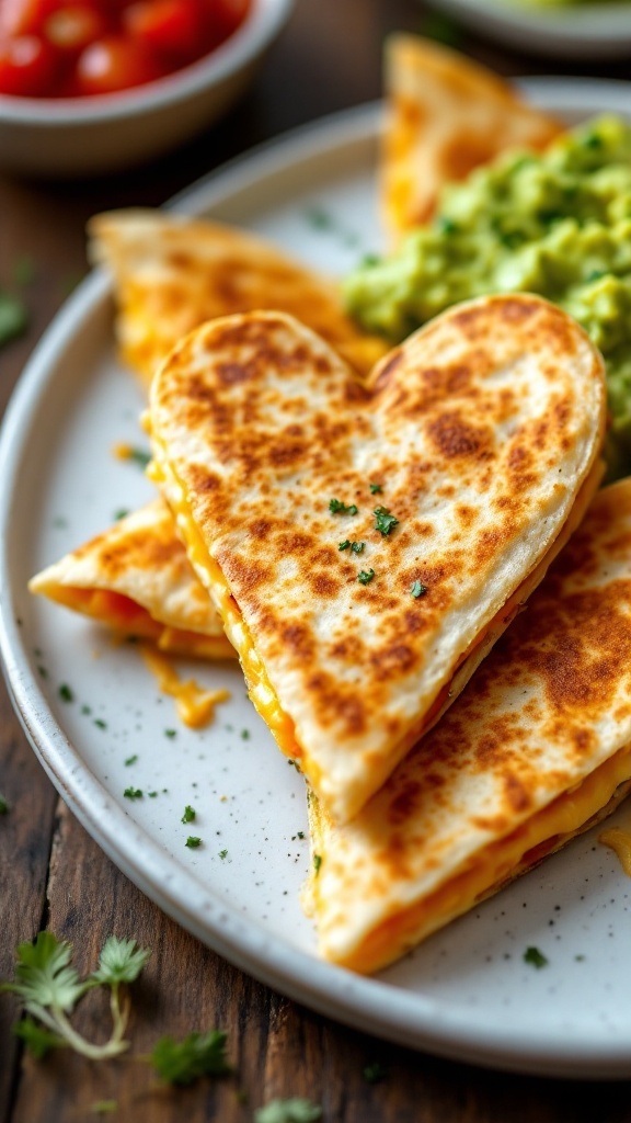 Heart-shaped quesadillas served with guacamole and salsa