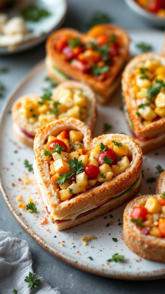 Heart-shaped sandwiches with colorful fillings on a plate.