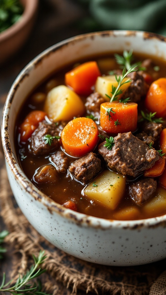 A bowl of hearty beef stew with root vegetables