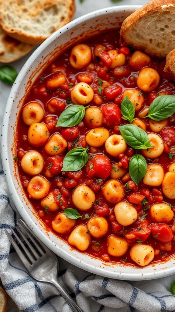 A bowl of hearty tomato and gnocchi stew garnished with basil leaves, with bread on the side.