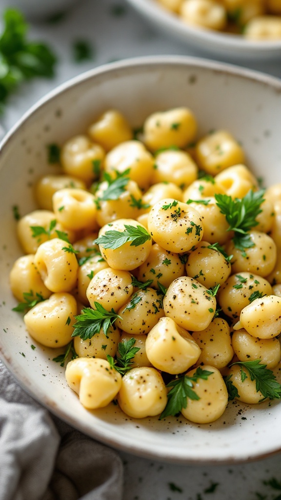 Herb-infused gnocchi with garlic sauce garnished with fresh herbs
