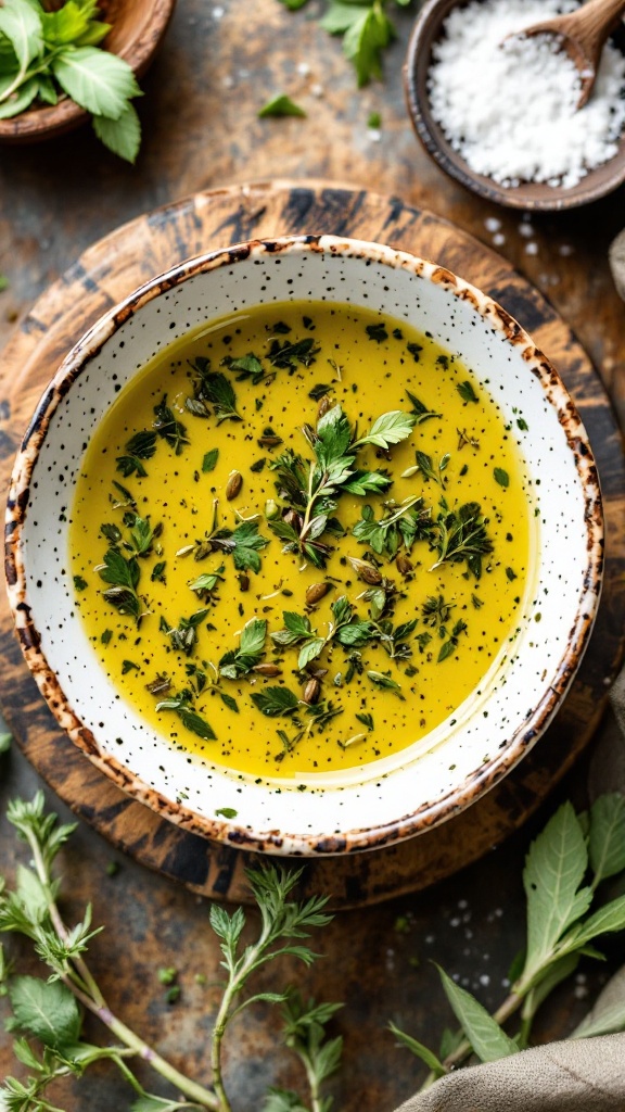 A bottle of herb-infused olive oil dressing next to a fresh salad.