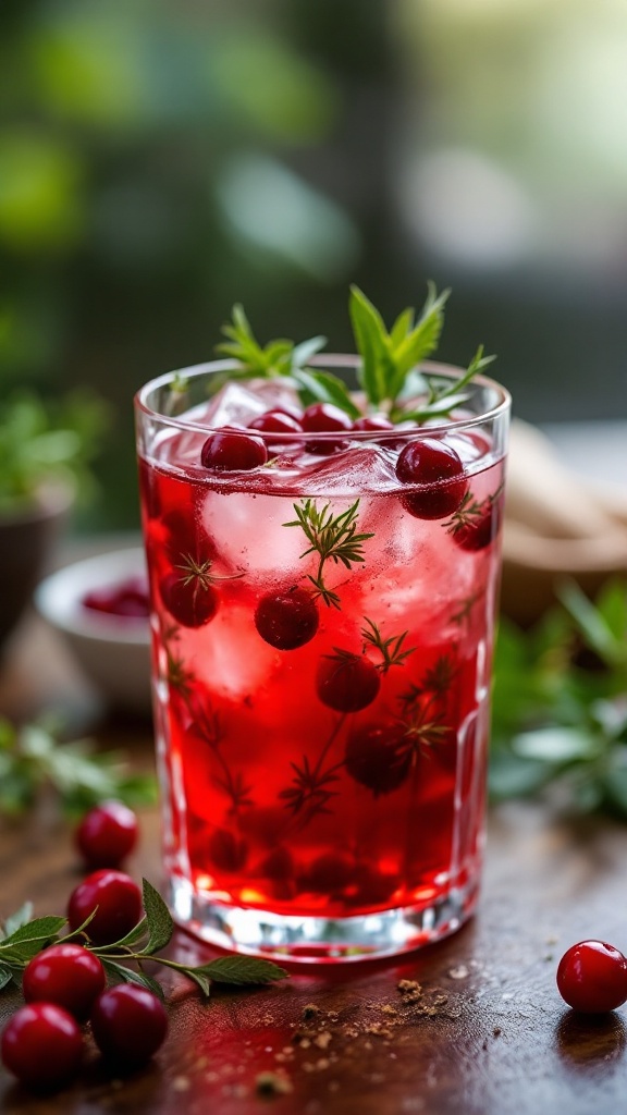 A refreshing herbal cranberry aperitif in a glass, garnished with fresh cranberries and thyme.