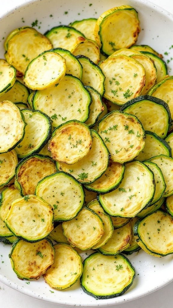 Crispy herbed zucchini chips on a wooden board