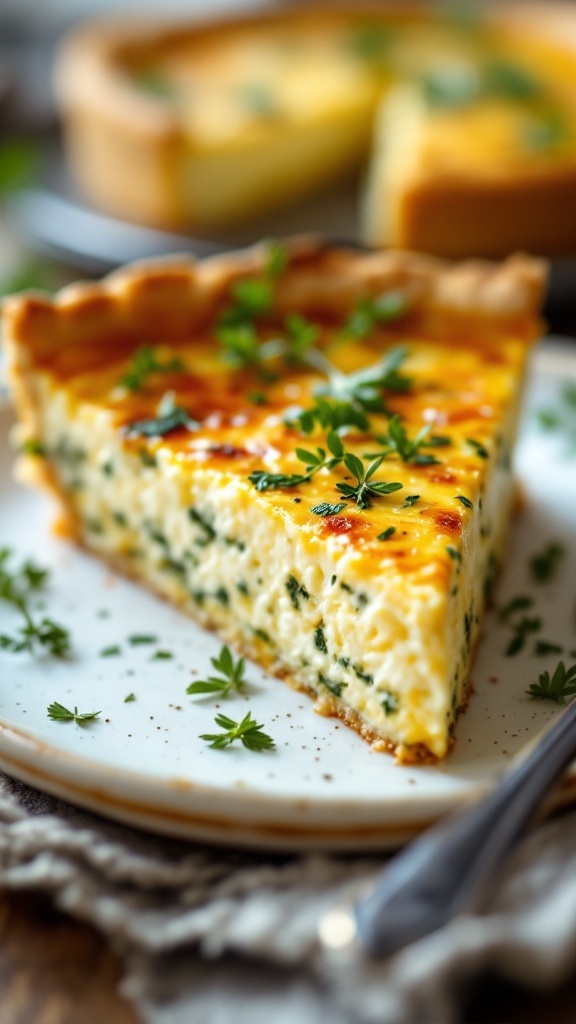 A slice of herbed cottage cheese quiche topped with fresh herbs.