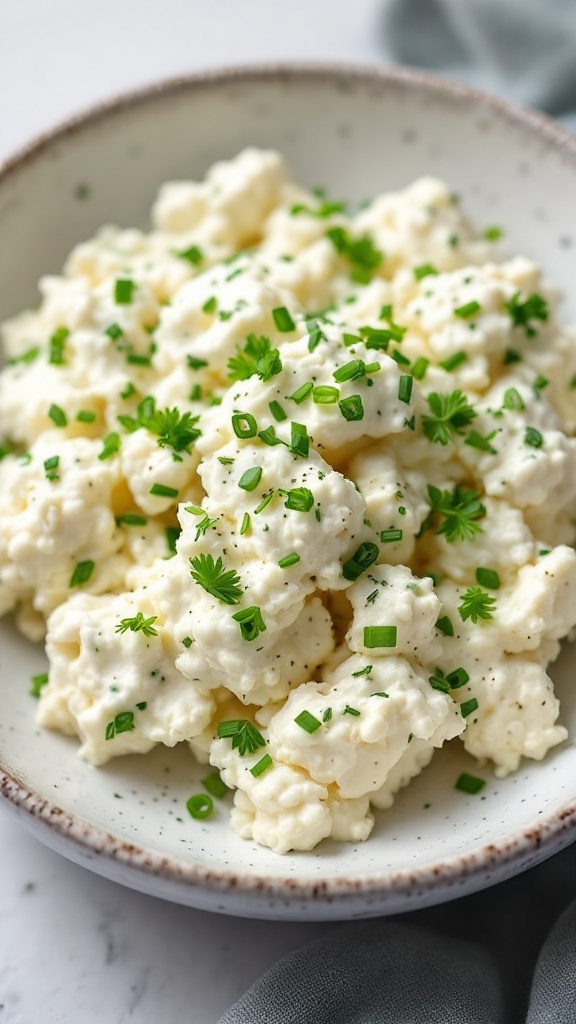 A bowl of herbed cottage cheese salad with fresh herbs sprinkled on top.