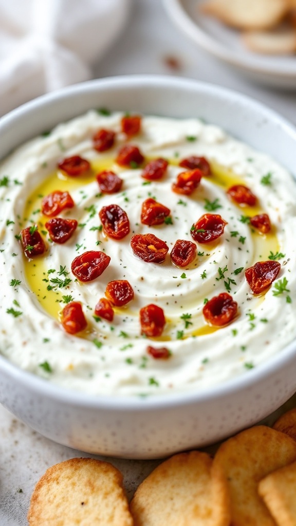 Herbed Goat Cheese and Sun-Dried Tomato Dip in a crockpot, garnished with sun-dried tomatoes and herbs.