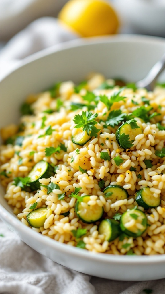 A bowl of herbed orzo with zucchini, garnished with fresh herbs.