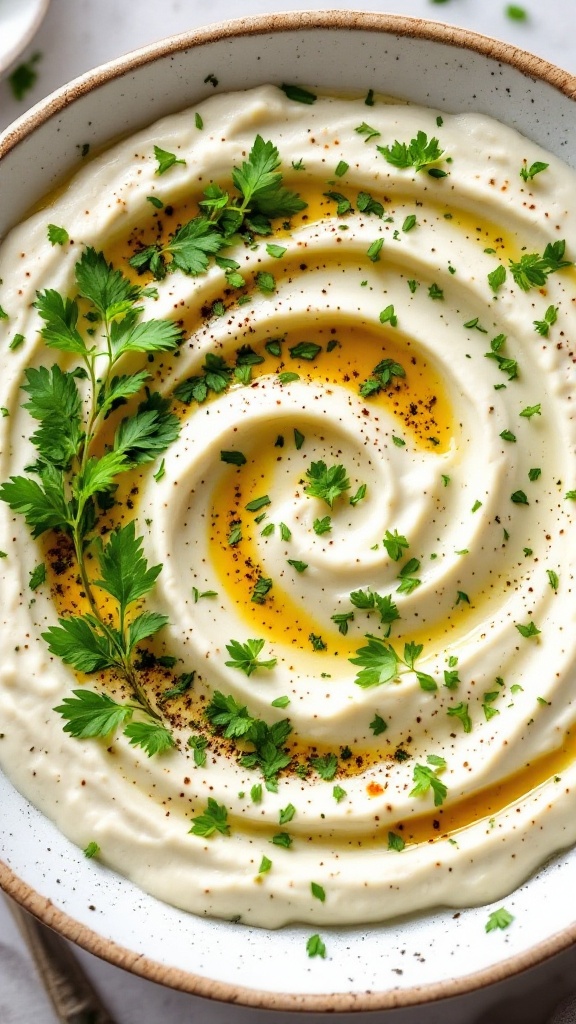 A bowl of herbed yogurt hummus topped with olive oil and fresh herbs, accompanied by carrot sticks.