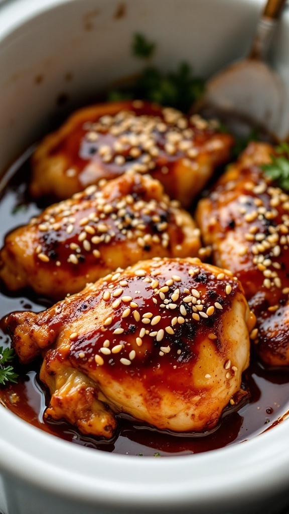 A delicious dish of honey garlic chicken thighs garnished with sesame seeds.