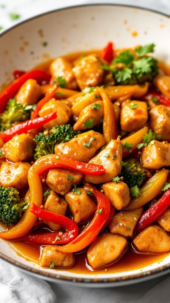 A colorful and vibrant honey ginger chicken stir fry with broccoli and bell peppers in a savory sauce.