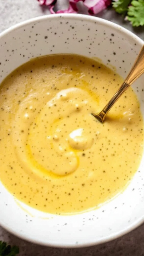 A delicious honey mustard salad dressing in a bowl, surrounded by seeds.