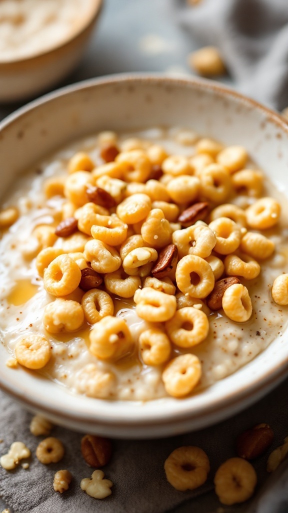 A bowl of honey nut cheerios oats topped with nuts and cheerios