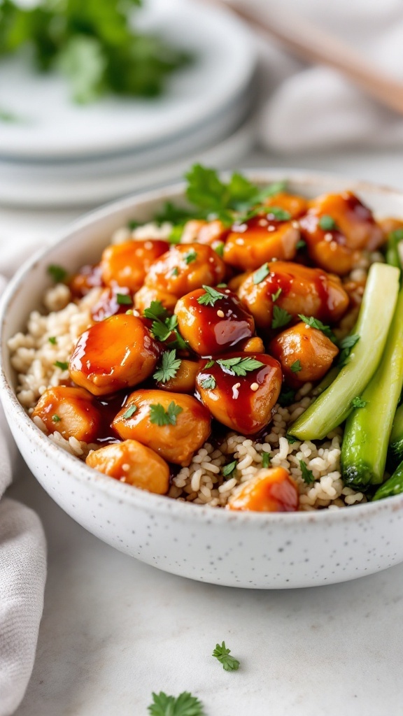 Honey Teriyaki Chicken served over rice with green vegetables