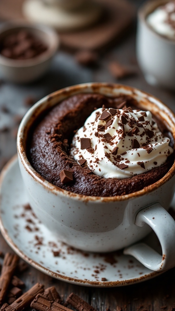 A cup of hot chocolate lava cake topped with whipped cream and chocolate shavings.