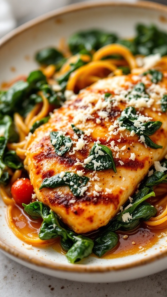 Plate of Italian chicken breast with spinach and pasta