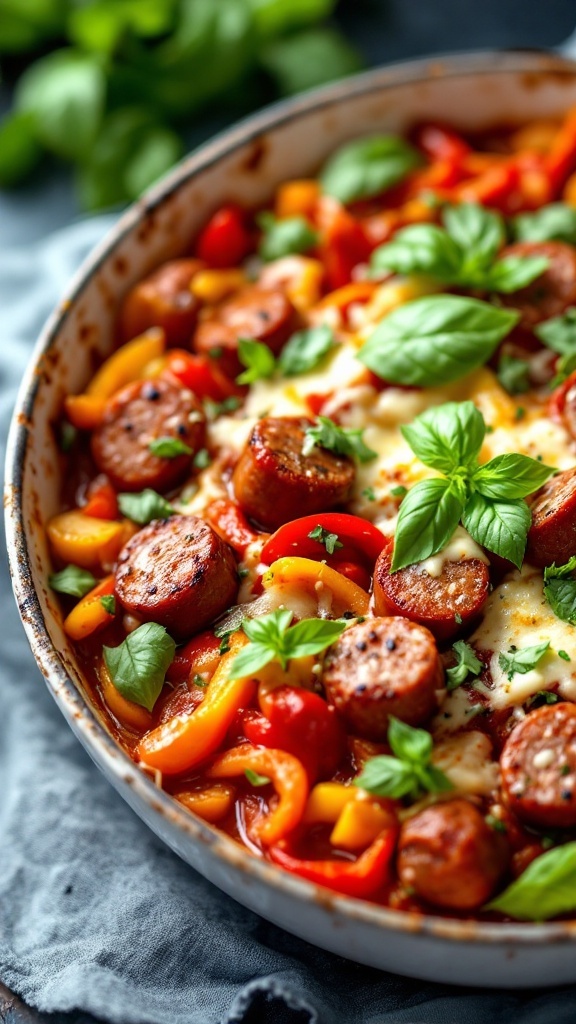 A colorful Italian sausage and peppers casserole topped with fresh basil