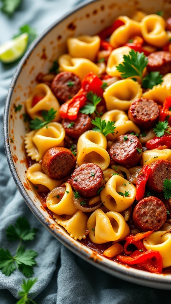 A delicious skillet dish featuring tortellini and Italian sausage.