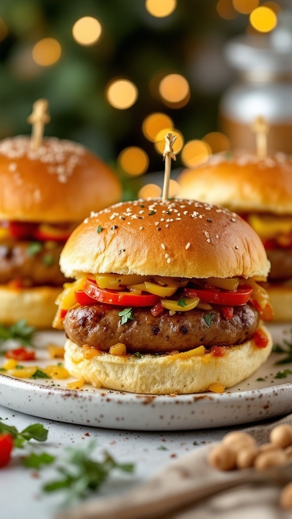 Italian sausage sliders with peppers and onions on a plate