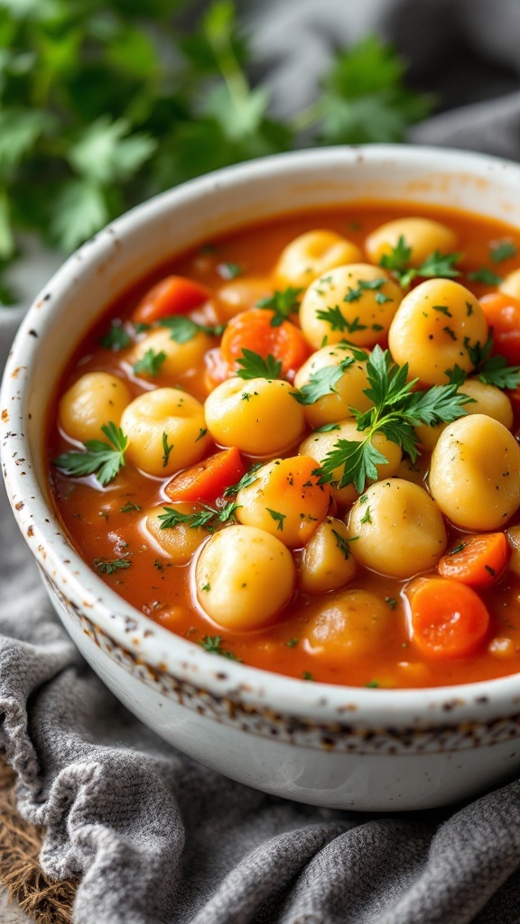 A bowl of Italian wedding soup with gnocchi, featuring colorful vegetables and garnished with parsley.