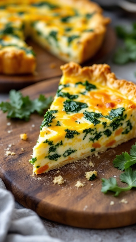 Slice of Kale and Cheddar Cottage Cheese Quiche on a wooden board