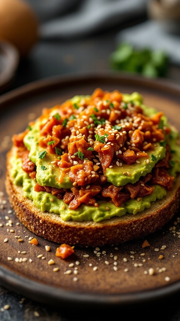 Avocado toast topped with kimchi and sesame seeds