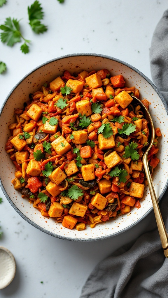 A colorful bowl of kimchi and tofu scramble topped with cilantro.