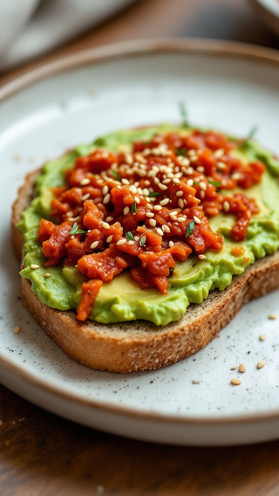 A slice of whole grain toast topped with mashed avocado and kimchi, garnished with sesame seeds and cilantro.