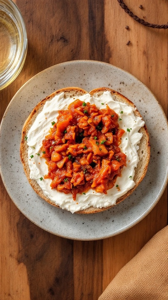 A delicious kimchi bagel topped with cream cheese and garnished with sesame seeds and green onions.