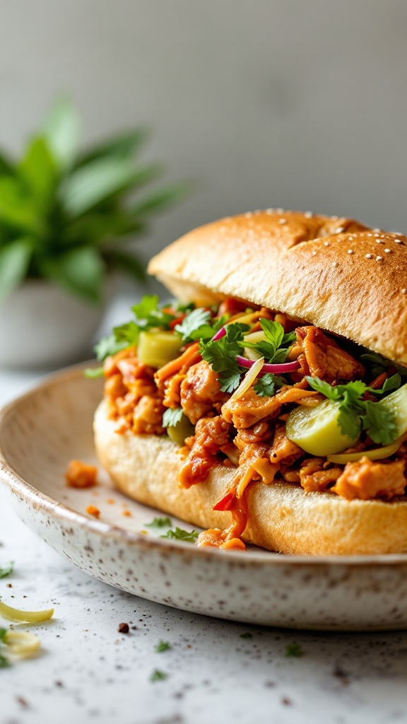 A delicious Kimchi Banh Mi Sandwich filled with meat, kimchi, and fresh veggies