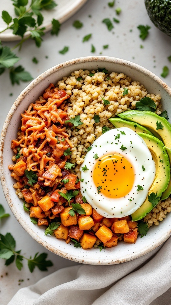 A colorful kimchi breakfast bowl featuring quinoa, sweet potatoes, avocado, and a fried egg.