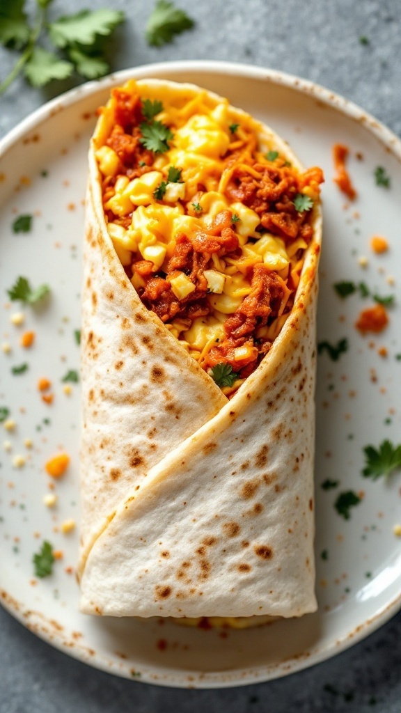 A delicious Kimchi Breakfast Burrito filled with cheese and eggs.