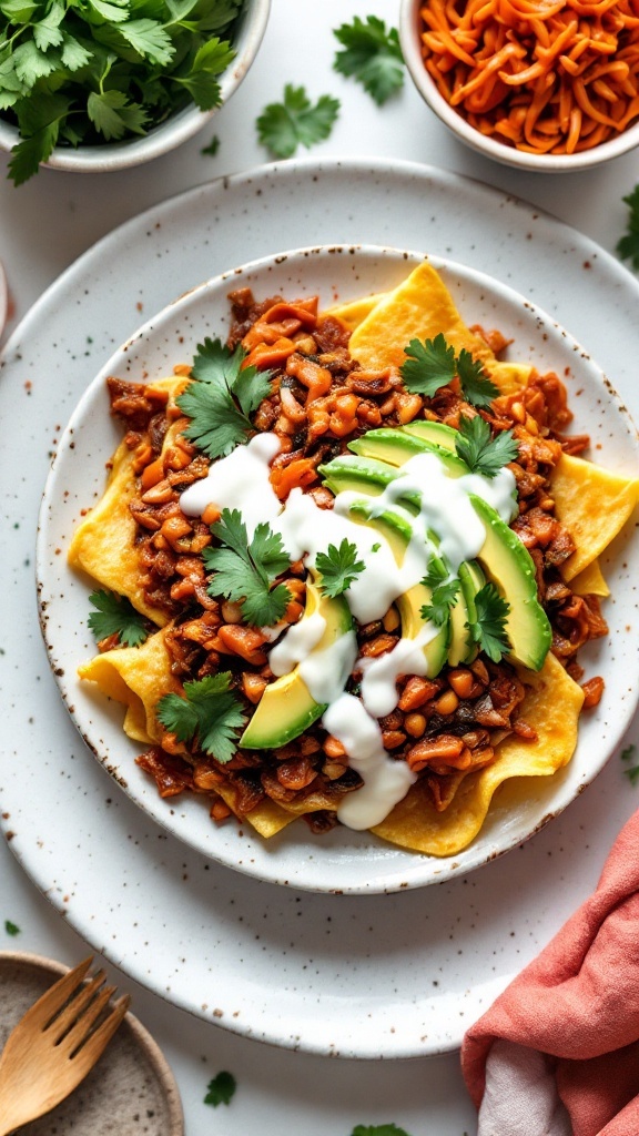 A delicious plate of kimchi chilaquiles topped with avocado, cilantro, and sour cream.