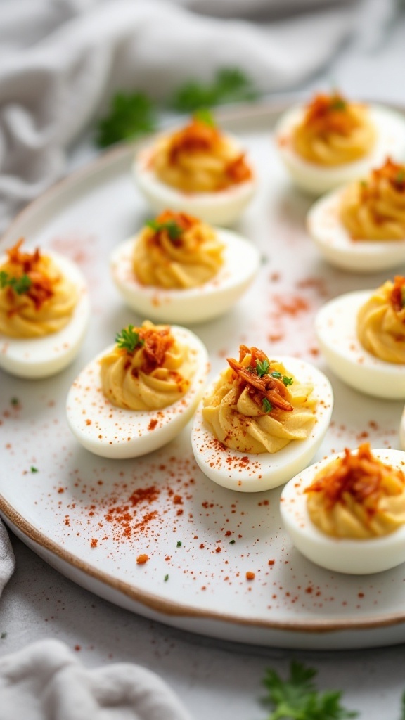 Delicious kimchi deviled eggs garnished with green onions and paprika