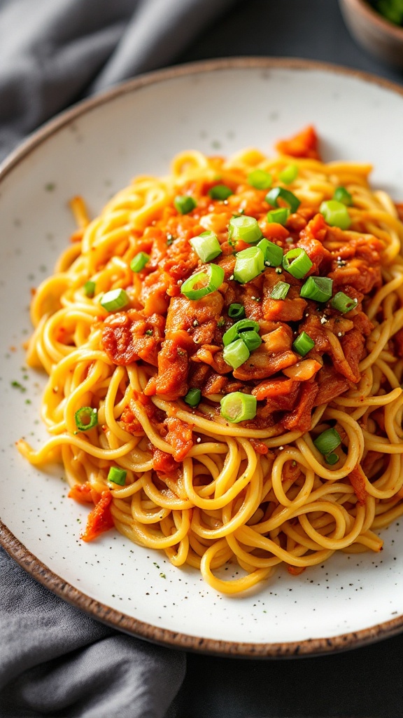 A bowl of kimchi egg fried noodles topped with green onions.