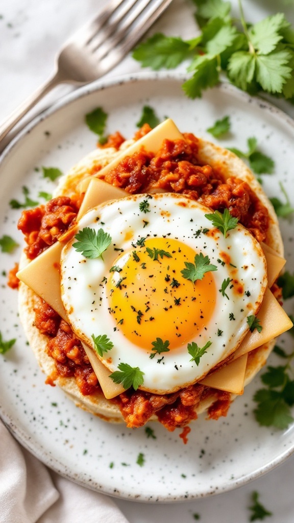 A delicious Kimchi English Muffin Sandwich topped with a fried egg and garnished with parsley.