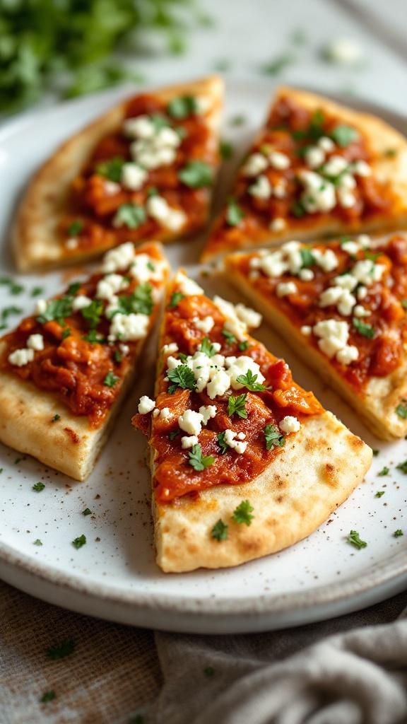 A delicious kimchi flatbread topped with creamy cheese and fresh vegetables.