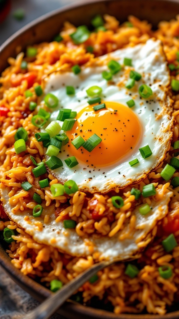 A bowl of kimchi fried rice topped with a fried egg and green onions.