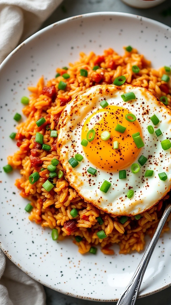 A plate of kimchi fried rice topped with a fried egg and green onions.