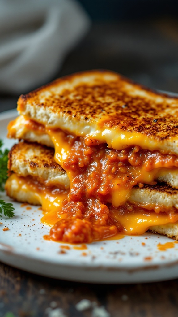 A delicious kimchi grilled cheese sandwich with melted cheese and kimchi spilling out, served on a wooden plate.