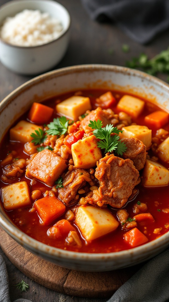 A steaming bowl of kimchi jjigae with tofu and vegetables, served with rice.