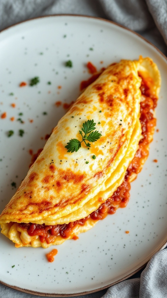 A delicious kimchi omelette filled with cheese, garnished with herbs.