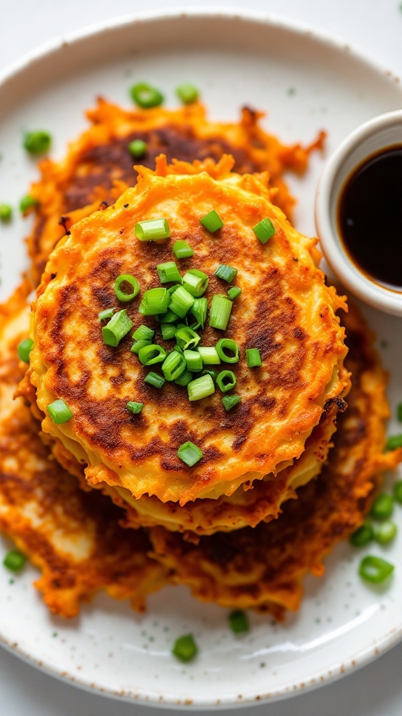 Delicious kimchi pancakes topped with green onions.