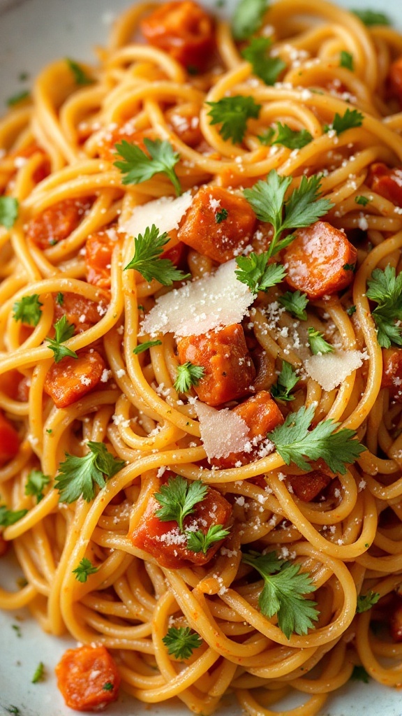 A plate of pasta garnished with kimchi and herbs.