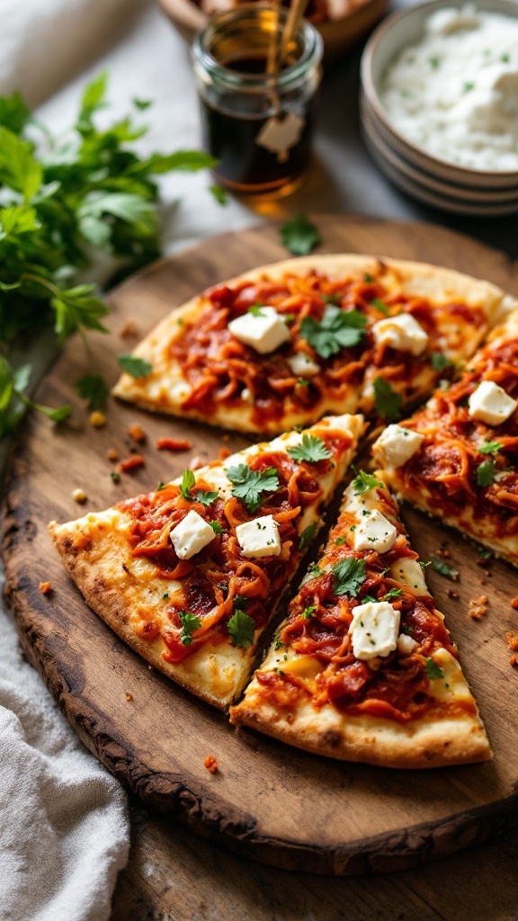 Slices of kimchi pizza on a wooden platter, topped with feta cheese and green onions.