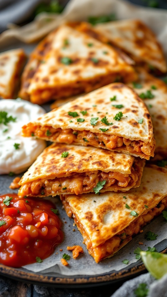 Delicious kimchi quesadilla served with salsa and sour cream.