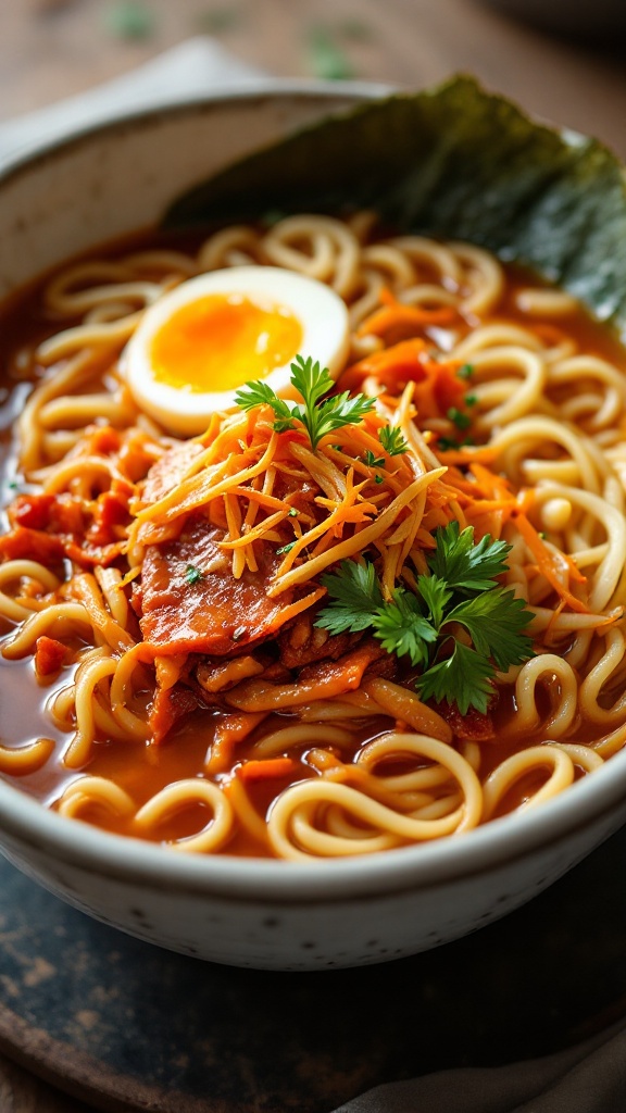 A bowl of kimchi ramen with noodles, soft-boiled eggs, and green onions.